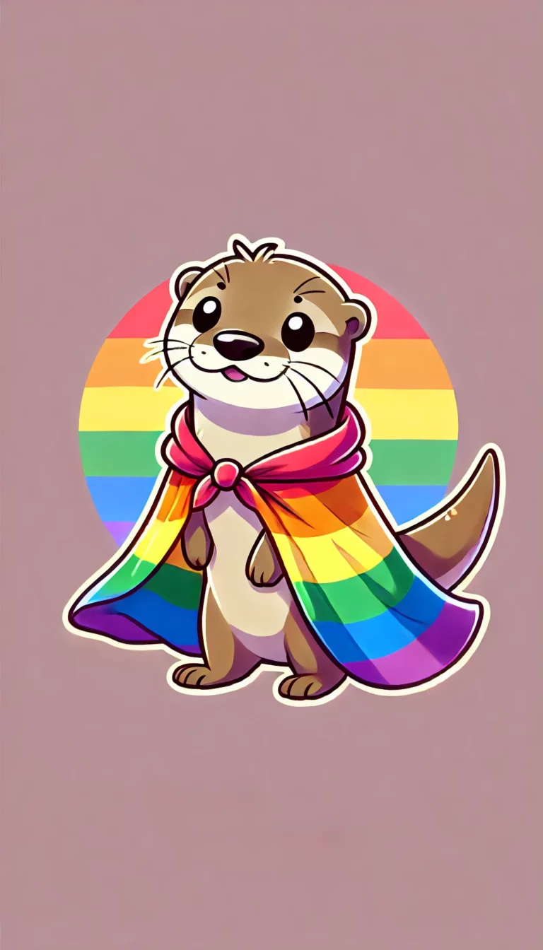 A cute cartoon-style otter wearing a Progress Pride Flag as a cape. The otter is standing upright with a cheerful expression, and the vibrant flag.